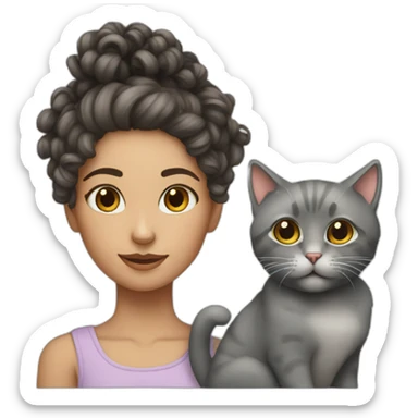 a girl with curly hair tied up and a tiny grey cat besides her sticker
