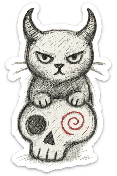 Make the black cat with demon horns and skull less cartoonish, more realistic hand drawn style, sketchy lines, no fill, preserve the red spiral on the skull, transparent background. sticker