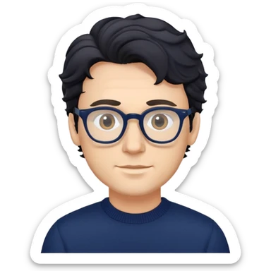 Caucasian man with black wavy hair wearing glasses and a long sleeve navy blue sweater sticker