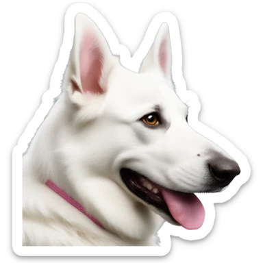 White swiss shepherd dog with a pink heart sticker