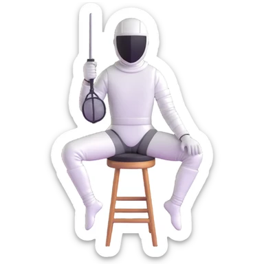epee fencer sitting on a stool with fencing mask under arm waiting for match sticker