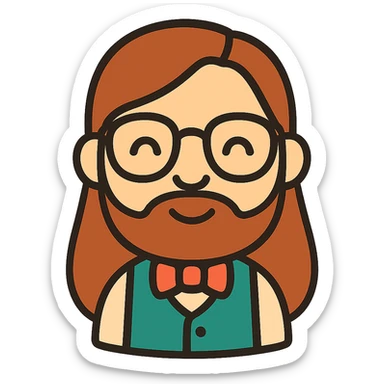 Add long hair and a beard to the nerd character, keeping the original style and transparent background. sticker