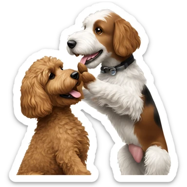 brown goldendoodle dog and smaller black/white dog giving each other a high five sticker