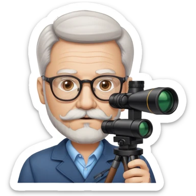 Older Man, white skin, glasses, full head of hair, beard & mustache, brown hair, holding spotter scope sticker