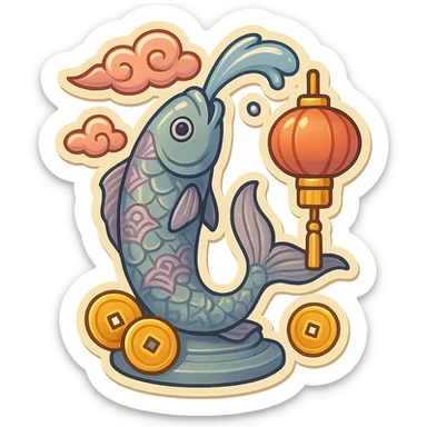 elongated slender fountain shaped like a serious fish with a water stream flowing from its mouth, retro-stickers style, eastern decor with patterns, clouds, coins, lanterns, detailed drawing with shadows and highlights, thin clean contours, soft rounded shapes, pastel palette #98B5BC, #B5B3C1, #C9A3C9, #E4C0CA, #F7DCD1, #F7C0AA, modern Japanese pop art, soft lighting, transparent background sticker
