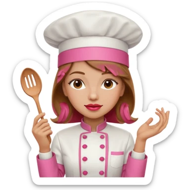 Girl in pink chef outfit, light brown hair, light skin, red lipstick sticker
