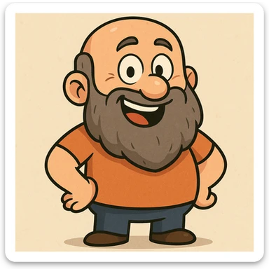 a bald man with a long grey beard, cartoon style, cheerful expression sticker