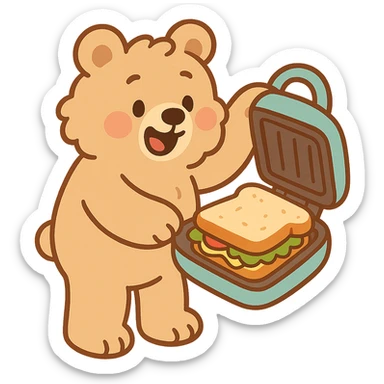 cute soft fluffy sandwich maker bear opening with a cute sandwich inside, creamy brown, full-body sticker