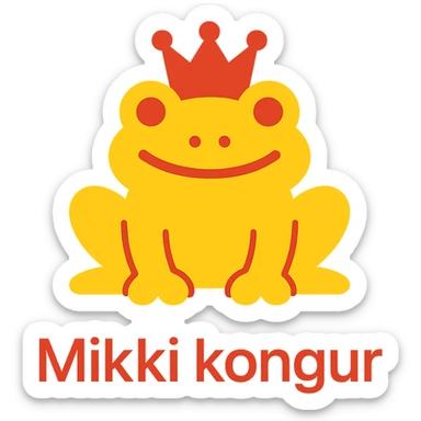 crowned frog in DHL Express branding smiling with 'Mikki kongur' text in a modern sans-serif font, simple flat color icon style sticker