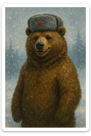 A Russian bear, classic style, wearing a ushanka hat, standing upright, friendly expression, winter background with snow and cold atmosphere. sticker