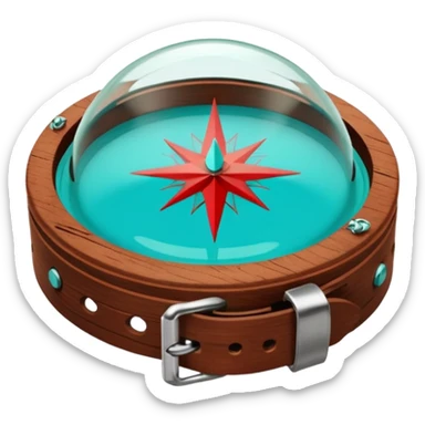 Round glass dome with turquoise-green liquid inside, red compass needle floating in center, brown wooden wrist band with metal clasps, anime cartoon style with clean line art sticker