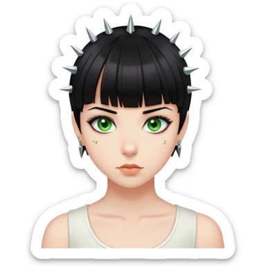 girl with black short hair bangs, green eyes, bridge piercing with spikes sticker