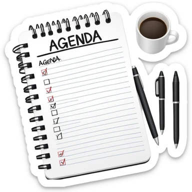 A notebook with 'AGENDA' written on top and meeting items listed below with bullet points sticker
