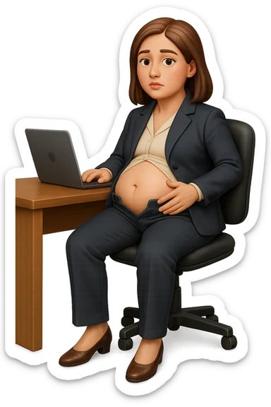 emoji stile iphone di una donna seduta alla scrivania dell'ufficio in completo elegante con i pantaloni sbottonati perché ha la pancia gonfia, falla a corpo intero, iperrealistico 4k sticker