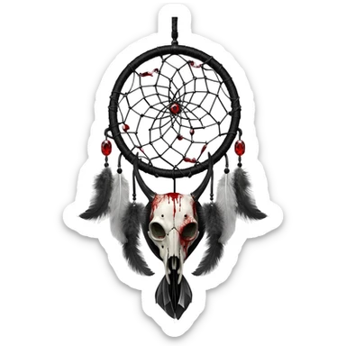 Blood-red, bloody, obsidian-black, edgy, dream catcher, red gemstones, black wire, black threads, animal skull, white feathers, badass, evil, gorgeous aesthetic, gothic decoration sticker