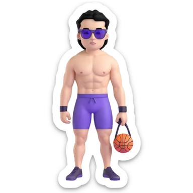 shirtless male athlete with white skin and moderately curly black hair on top with shaved sides, wearing purple sunglasses with black tinted lenses sticker