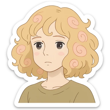 pale girl with curly medium-length blonde hair and baby pink swirls sticker