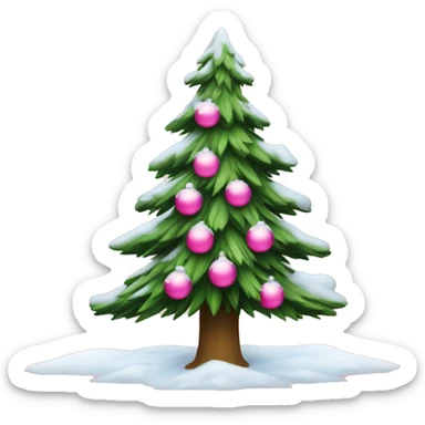 a pine christmas tree covered in snow with pink ornaments sticker
