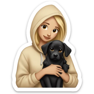Balayage Blonde girl beige hoodie cuddling black dog sticker