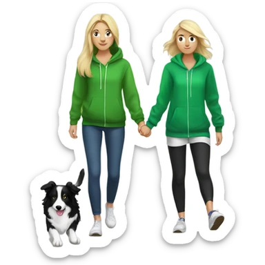 Black and white boarder collie being walked by a blonde girl in a green hoodie sticker