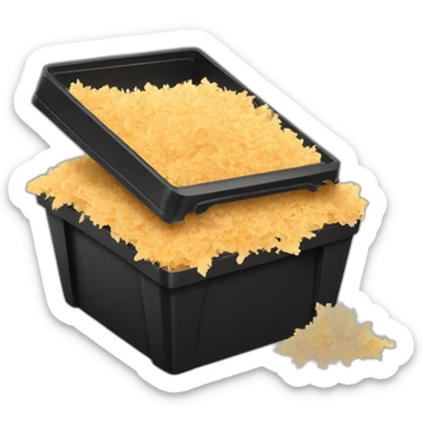 Black cubic plastic container with wood shavings inside sticker