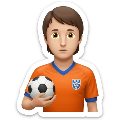 Молодой Йохан кройф в форме сборной нидерландов образца 1974 года стоит и внимательно смотрит на свои часы на одной руке, между второй рукой и торсом он держит футбольный мяч sticker