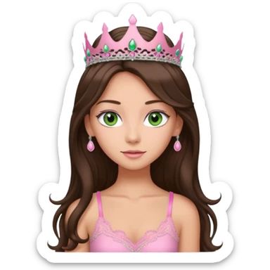 super long haired brunette with middle part cute pink lacy tank with a pink tiara on head, white but tan green eyes  sticker