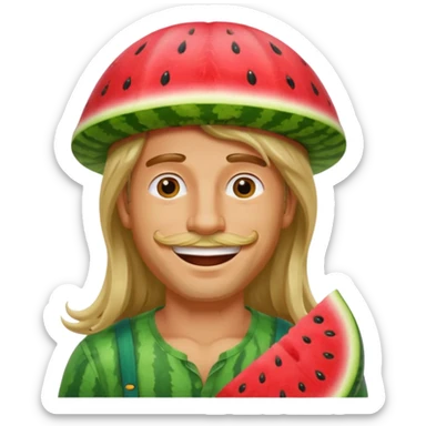 long haired man with watermelon hat sticker