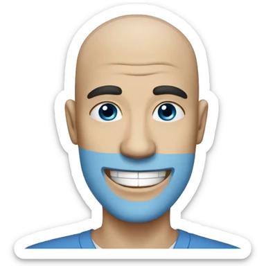 bald man with blue skin, black eyes and a white smile sticker
