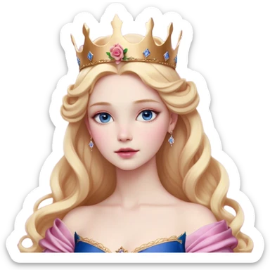 Cinematic Realistic Sleeping Beauty (Aurora) Portrait, with porcelain-like skin featuring a natural rosy flush, illuminated by soft lighting that highlights the gentle contours of her face. Her golden blonde hair flows in soft, detailed waves with subtle highlights that shimmer in the light. Her deep violet-blue eyes radiate warmth and innocence, framed by arched brows and long lashes. With a soft, serene smile, she holds a delicate rose gently in one hand, her other hand resting lightly by her side. She is dressed in her classic pink gown, the fabric rich in texture with delicate folds that catch the light. A golden crown rests atop her head, gleaming with royal refinement. The portrait captures a soft, glowing aura, blending realism with an ethereal sense of beauty and timeless enchantment. sticker