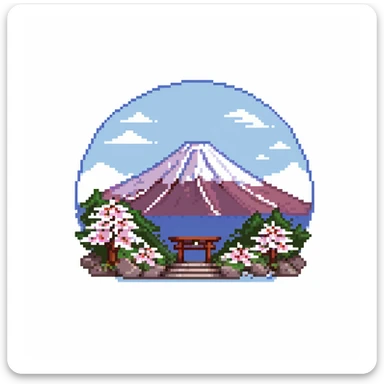 Mount Fuji with snow cap and cherry blossoms around the base sticker