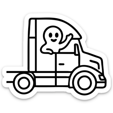 Keep the background transparent, Casper the ghost waving from the window of the white semi truck in outlined icon style. sticker