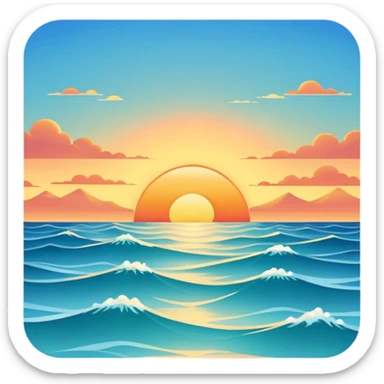 Sunset over a calm ocean with soft waves and a clear sky." sticker