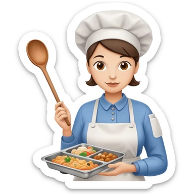 lunch lady holding a ladle and a tray with gross food, cartoonish sticker