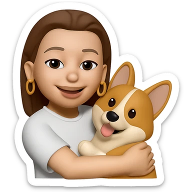 make the golden ring earrings twice as big while she is wearing a white t-shirt and hugging a corgi dog, keep the same style sticker