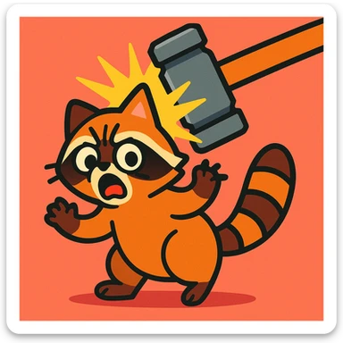 a little raccoon cat being hit by a hammer, slapstick, simple background sticker