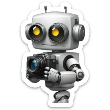 robot holding a camera sticker