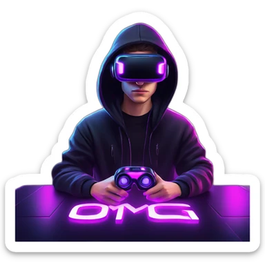 Russian young man wearing a black hoodie with "OMG" letters on it and VR headset in a cyberpunk VR environment with violet neon lighting. sticker