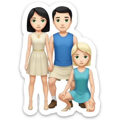 King, man, upright, black Hair, blue eyes, whole body, Woman, bending knees, blonde, green eyes, sleveless White Dress, sticker