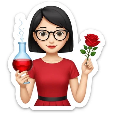 female asian chemistry teacher wearing glasses holdin a flask pointing right with straight short hair to her shoulders wearing a red dress with roses on it and black hair and make the glasses more retangle and make her hold a flash with one hand and with the other point right and make her smile sticker