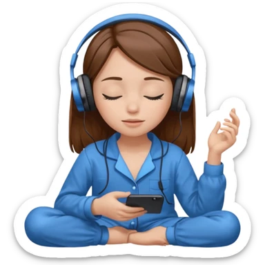 chica con pelo castaño ojos cerrados escuchando musica en pijama azul sticker