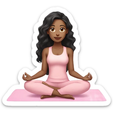 Light skin, black hair yoga beautiful girl in light pink clothes sitting on a yoga mat sticker