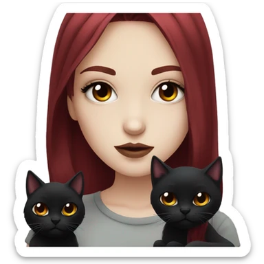 Pale girl with black eyeshadow and long  burgundy red colored hair with an emo haircut and layered holding a black cat sticker