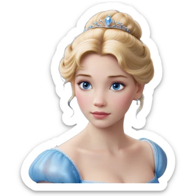Cinematic Realistic Cinderella Portrait, depicted with lifelike skin texture, subtle rosy undertones, and soft natural lighting that enhances the gentle contours of her face. Her intricately detailed golden blonde hair is elegantly styled in an updo, with delicate wisps framing her face. Her deep, expressive blue eyes radiate warmth and sincerity, reflecting a quiet resilience and grace. She holds a glass slipper gently in one hand, her other hand resting gracefully at her side, emphasizing the timeless beauty of the moment. She is dressed in her iconic ball gown, the fabric shimmering with intricate embroidery and fine translucent layers that catch the light beautifully. The soft sheen of satin gloves adds a magical touch to her graceful pose. The portrait features an enchanting glow with a natural, luminous finish, seamlessly blending realism and fairytale charm to evoke a sense of depth, elegance, and timeless beauty. sticker
