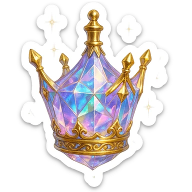 luxurious crystal elixir bottle shaped like a crown, pastel gradient, lots of shine, facets, ornaments, golden details, magical effects, very small golden neck, transparent background, beautiful connected base, clearly floating in the air, no base or shadow, premium class, interesting design, fits a collection sticker