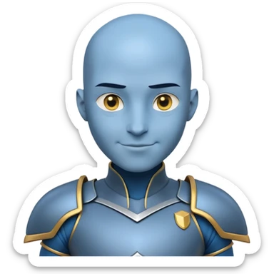 A stylized 3D cartoon character with blue skin, a smooth bald head with a light blue patch on top, and golden eyes. He has a confident, friendly smile and wears a futuristic black and silver outfit with shoulder armor. Bust portrait, clean background sticker