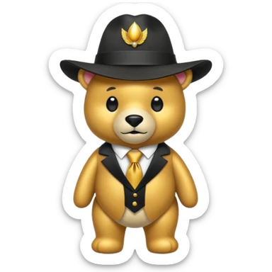 Oso dorado con un sombrero negro y fn su cuello un moño negro sticker