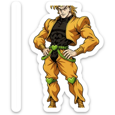 Dio Brando, classic villain stance, sharp features, golden accessories, anime-inspired illustration sticker