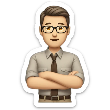 To belt Actively gesturing with hands 👌 Pale skinned fit man with dark brown hair in gray jacket, beige office shirt, brown tie, brown pants and vintage glasses. sticker