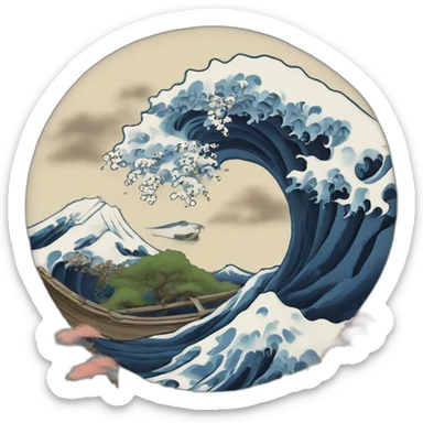 Hokusai in the style of Bob Ross sticker
